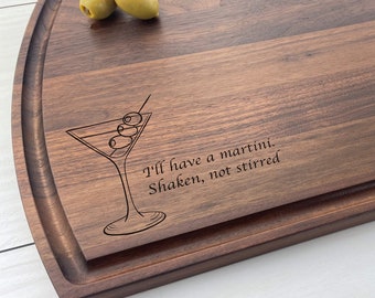 Personalized Cutting Board, Engraved Cutting Board, Martini, Bartender Gift, Bar Cutting Board, Drink Time, Olives, Shaken not Stirred, 478