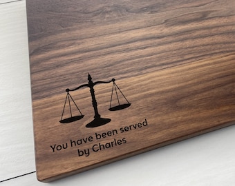 Personalized Cutting Board, Engraved Cutting Board, Lawyer Gift, Scale of Justice, Law, Attorney, Barrister Graduation Gift, 321