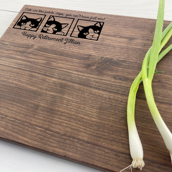 Personalized Cutting Board, Custom Cutting Board, Cat lover Gift, Cats, Kitty, Happy Retirement, Cat Person, Potato Chips, Cat Snuggles, 213