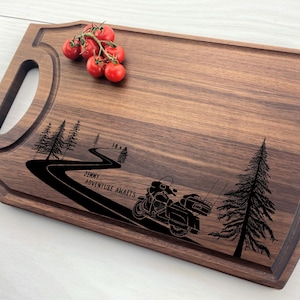 Personalized Cutting Board, Custom Cutting Board, Touring Bike Themed Gift, Biker Gift, Adventure Awaits, Biker Enthusiast, Road Trips, 517