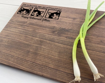 Personalized Cutting Board, Custom Cutting Board, Cat lover Gift, Cats, Kitty, Happy Retirement, Cat Person, Potato Chips, Cat Snuggles, 213