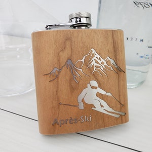 Personalized Wood Flask, Custom Flask, Wood Flask for Skiers, Engraved Flask, Monogrammed Flask, Skiers Gift, 6 oz. Flask, Après-Ski, 003