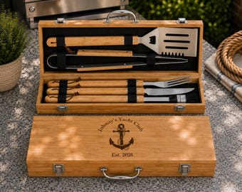 Personalized BBQ Tools & Box Set, Custom Engraved Barbecue Case, Boating Gifts, Fathers Day Gift, Anchor Decor, 015