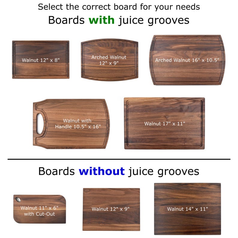 a bunch of cutting boards with measurements for them