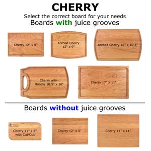 a variety of wooden cutting boards, each with different sizes and shapes, along with their corresponding juice grooves. The boards are labeled with their dimensions and features, such as the size, shape, and the presence of juice grooves.
