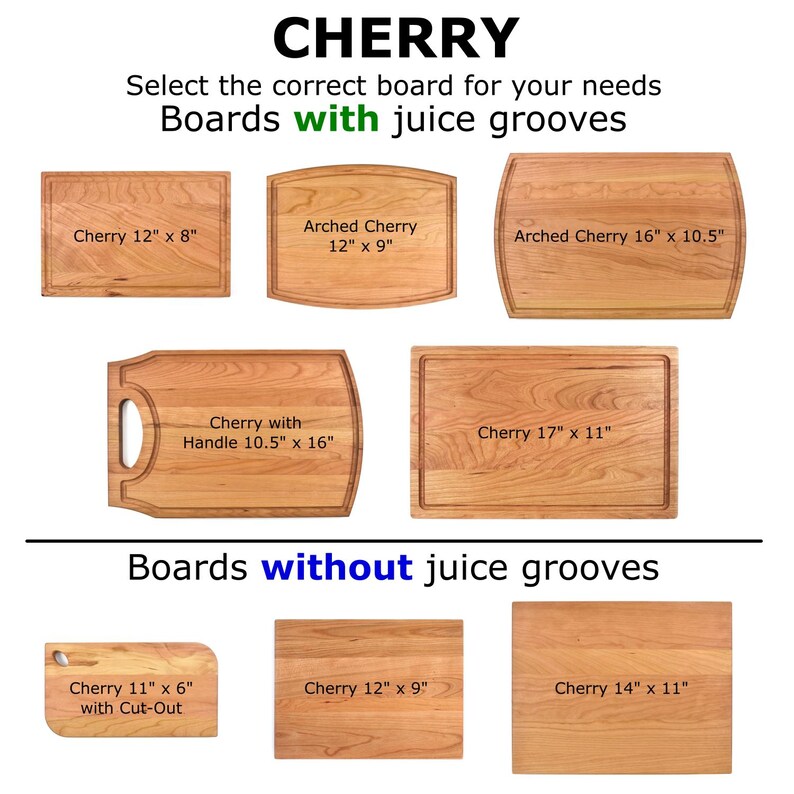 a variety of wooden cutting boards, each with different sizes and shapes, along with their corresponding juice grooves. The boards are labeled with their dimensions and features, such as the size, shape, and the presence of juice grooves.