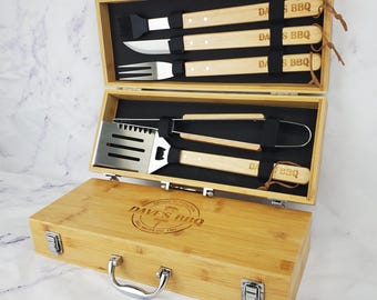 Personalized BBQ Tools & Box Set, Custom Engraved Barbecue Case, Grill Set, Unique Gift for Dad, Fathers Day Gift, Gift for Him, 003