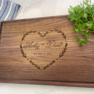 Personalized Cutting Board, Anniversary Gift, Wedding Gift, Engagement Gift, Couple Gift, Names with Heart, Leafy Heart, Engraved Board, 190