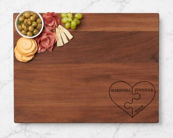 Personalized Couples Cutting Board, Heart Puzzle Engraved, Wedding Gift, Anniversary Gift, Custom Names Date, Romantic Gift, 753