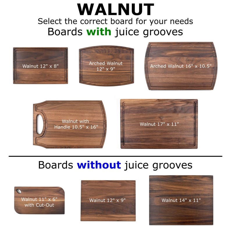a variety of wooden cutting boards, each with different dimensions and features, including juice grooves. The image is a collage of several images, and the text provides information about the boards, such as their sizes and shapes.