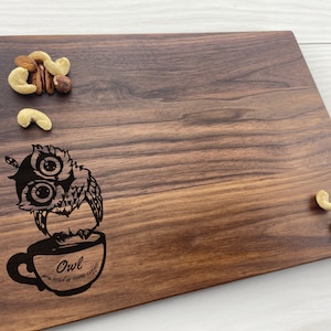 Personalized Cutting Board, Custom Cutting Board, Owl Themed Gift, Coffee Lover, Coffee Bar, Latte Bar, Cute Owl, Coffee Humor, 282