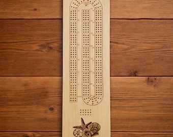 Personalized Cribbage Board, Custom Wooden Cribbage Board, Engraved Beach Theme Game Board, Nautical Gift, Cottage Decor, 001