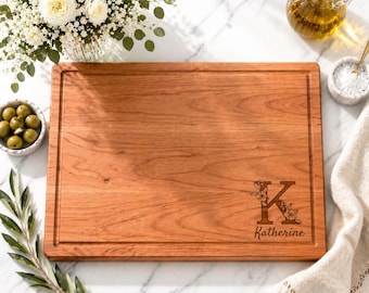 Floral Monogram Butcher Block, Engraved Cutting Board, Mom Gift, Housewarming Gift, Kitchen Decor, 760