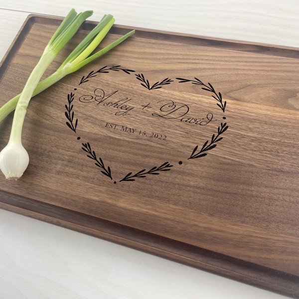 Personalized Cutting Board, Anniversary Gift, Wedding Gift, Engagement Gift, Couple Gift, Names with Heart, Leafy Heart, Engraved Board, 190