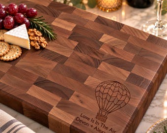 Personalized End Grain Butcher Block, Engraved Cutting Board, Housewarming, Wedding Gift, Couples Anniversary, Hot Air Balloon, 768
