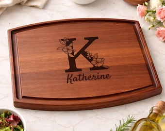 Flower Initial and Name Cutting Board, Custom Engraved Wedding Gift, Housewarming Present, Bridal Shower Gift, Floral Kitchen Decor, 760