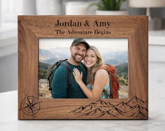 Personalized Engagement Picture Frame, Mountain and Compass Engraved Frame, Adventure Couple Gift, Newly Engaged, Engagement Party Gift, 099