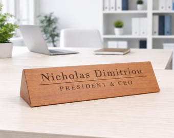 Personalized Wooden Desk Name Plate, Custom Engraved Nameplate, Executive Office Desk Sign, Boss Gift, CEO Desk Decor, Wood Name Block, 002