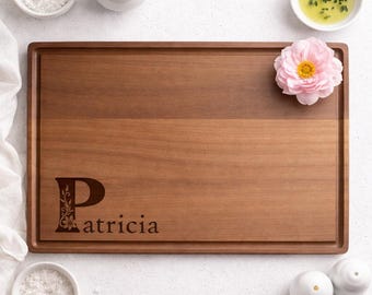 Personalized Cutting Board Gift for Her, Custom Engraved Wood Board, Mother’s Day Gift from Kids, Floral Monogram and Name, 758