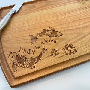 Personalized Cutting Board, Koi Fish, Koi Fish Pond, Lilies, Lucky, Japanese, Fortitude, Tenacity, Good Fortune, Pond Design, Carp, 657