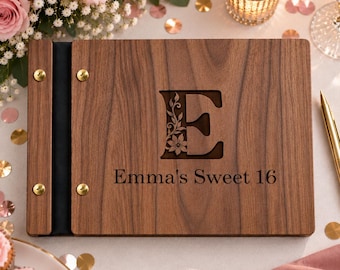 Personalized Wooden Guest Book, Custom Engraved Floral Initial Guestbook, Sweet 16, Birthday, Anniversary & Special Event Keepsake, 004