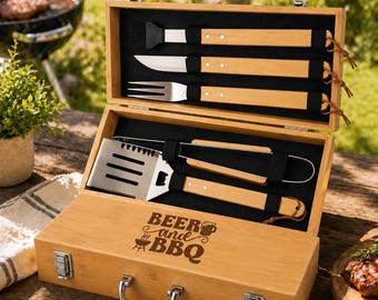 Personalized BBQ Tools & Box Set, "Beer and BBQ" Gift for Dad, Grill Set, Fathers Day Gift, 019