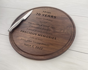 Personalized Circular Cutting Board, Engraved Round Cutting Board, Mothers Day Gift, Family, 70th Birthday Gift, Memory Capsule, 195