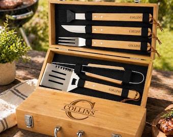 Personalized BBQ Tools & Box Set, Custom Engraved Barbecue Case, Grill Set, Fathers Day Gift, 013