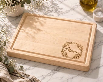 Butcher Block Cutting Board for Mom, Floral Wreath, Custom Wood Charcuterie Board, Personalized Mother’s Day Gift, Kitchen Decor, 739