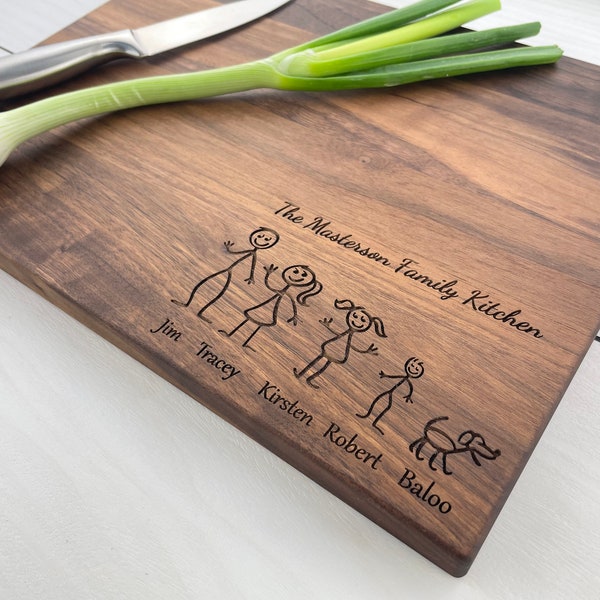 Personalized Cutting Board, Engraved Cutting Board, Stick Figure Family, Personalized Family Cutting Board, Stick people, Dog, Cat 161