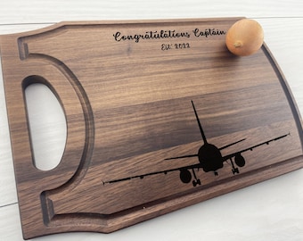 Personalized Cutting Board, Engraved Cutting Board, Airplane Design, Pilot in Command, Airplane Gift, Captain, Corporate Gift, Congrats, 507