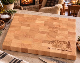 Personalized End Grain Butcher Block, Engraved Mountain Chalet Cutting Board, Engraved Housewarming Gift, Rustic Cottage Kitchen, 766
