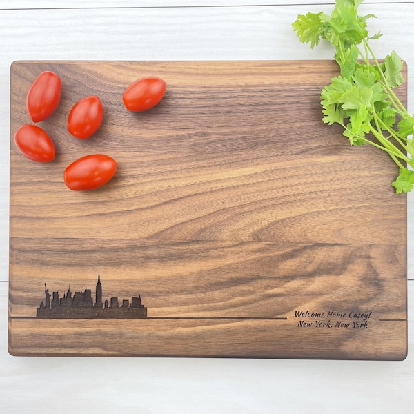Custom City Skyline Cutting Board, Personalized Housewarming Gift, Engraved Wood Charcuterie Board, 051
