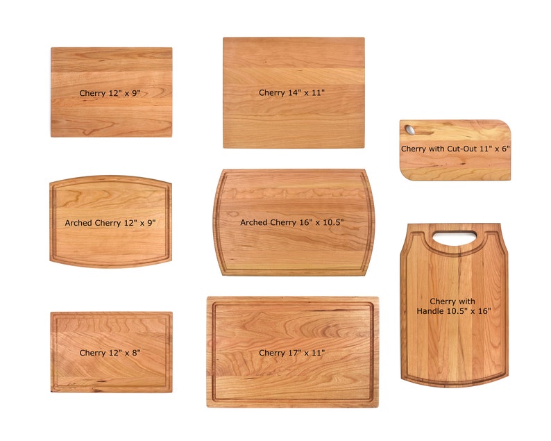 May include: A set of nine wooden cutting boards in various sizes and shapes, including rectangular, arched, and with a handle. The boards are made of cherry wood and have dimensions labeled in inches.