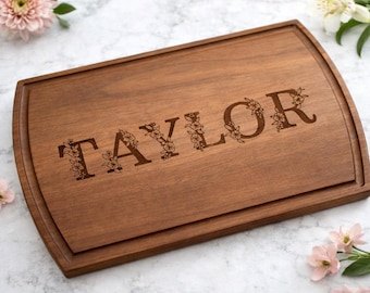 Flower Name Cutting Board, Custom Engraved Wedding Gift, Housewarming Present, Bridal Shower Gift, Custom Name Kitchen Decor, 762