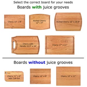 a variety of cutting boards with names and measurements