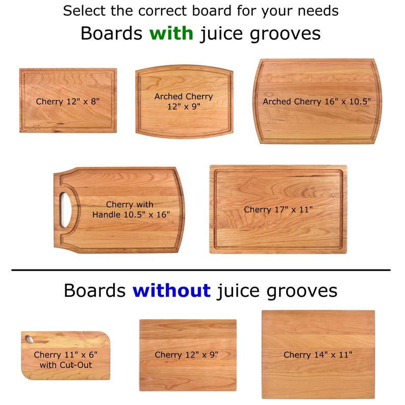a variety of cutting boards with names and measurements