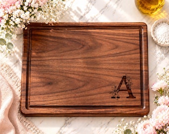 Butcher Block with Floral Monogram, Engraved Cutting Board, Mom Gift, Housewarming Gift for Her, Kitchen Decor, 759