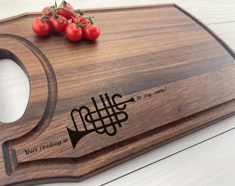 Personalized Cutting Board, Custom Cutting Board, Your Cooking is Music to my Ears, Trumpet, Conductors Gift, Symphony, Musician Gift, 290