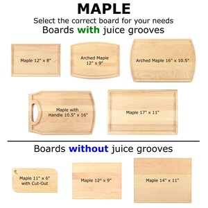 a variety of wooden cutting boards, each with different dimensions and features, including juice grooves. The cutting boards are arranged in a grid format, with each board labeled with its specific size and design.
