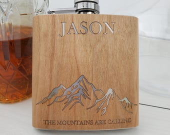 Personalized Wood Flask, Custom Flask, Wood Flask for Skiers, Engraved Flask, Monogrammed Flask, Skiers Gift, 6 oz Flask, Groomsman Gift,001