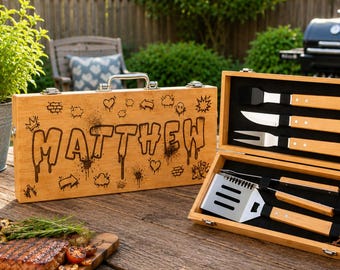 Graffiti BBQ Tool Set, Personalized Grill Set in Bamboo Case, Cool Fathers Day Gift, Punk Gift, 020