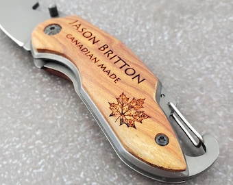Personalized Pocket Knife with Bottle Opener, Custom Pocket Knife, Red Sandalwood, Camping Tool, Permanent Residency, Canadian Leaf, 004
