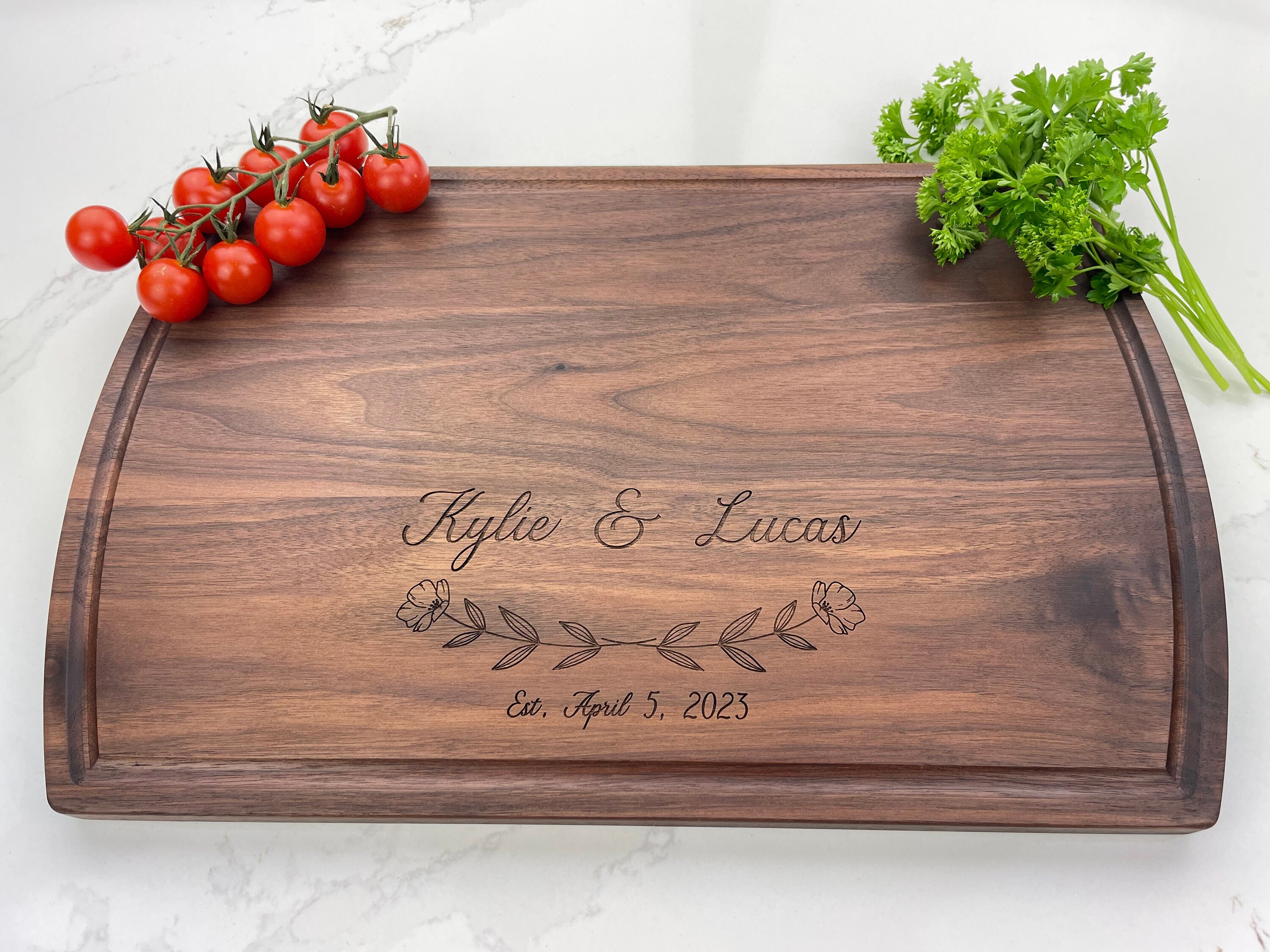 Personalized Cutting Board, Engraved Cutting Board, Couples Gift, Wedding Gift, Engagement Gift, Anniversary Gift, Cheese Board, Flowers 176