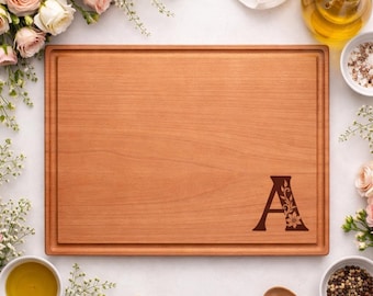 Personalized Wood Cutting Board with Monogram, Floral Engraved Initial, Custom Wedding Gift, Housewarming Kitchen Gift, 755