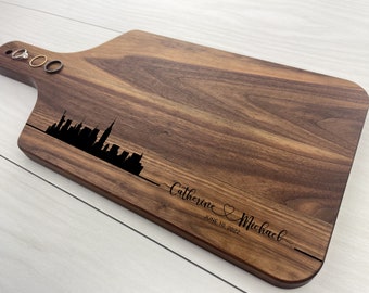 Pick Your City Skyline, Personalized Paddle Board, Engraved Cutting Board with Handle, Housewarming Gift, New York, Toronto, 117