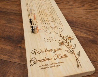 Personalized Cribbage Board for Grandma, Custom Engraved Wood Board, Grandparent Gift, Gift from Grandkids, Keepsake Gift, 010
