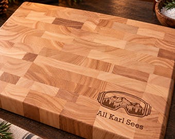Personalized End Grain Butcher Block, Engraved Ski Goggles Cutting Board, Skier Gift, Ski Cabin, 765