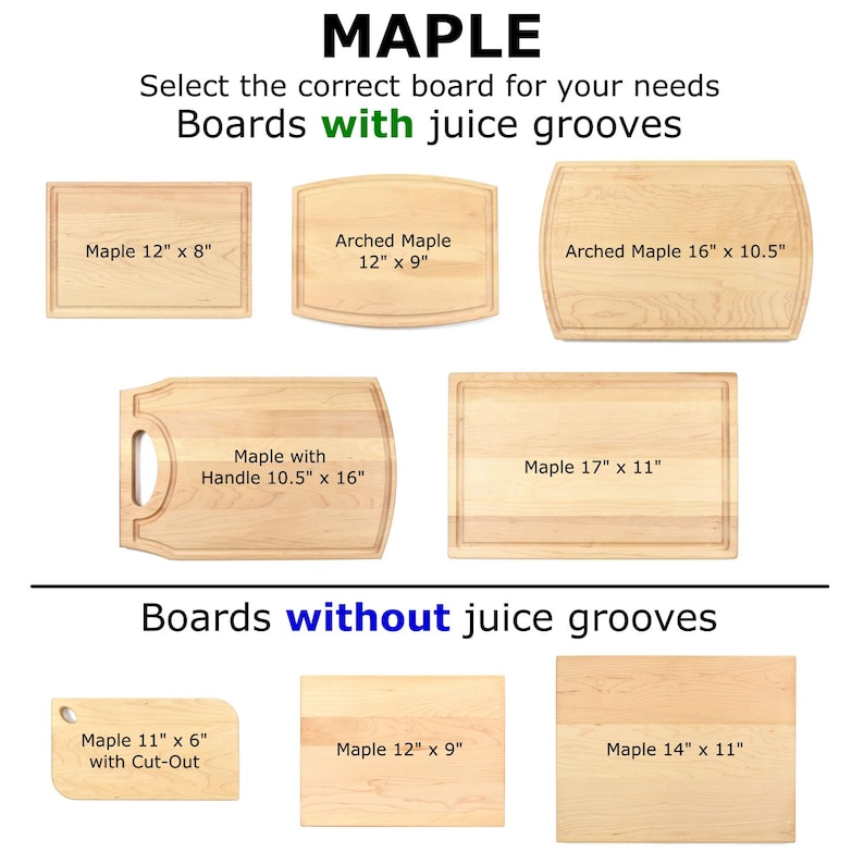 a variety of wooden cutting boards, each with different dimensions and features, including juice grooves. The cutting boards are arranged in a grid format, with each board labeled with its specific size and design.