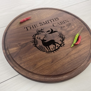 Personalized Circular Cutting Board, Engraved Round Cutting Board, Deer, Mountains, Nature, Hunting, Hunter, Cabin, Cabin In The Woods, 219